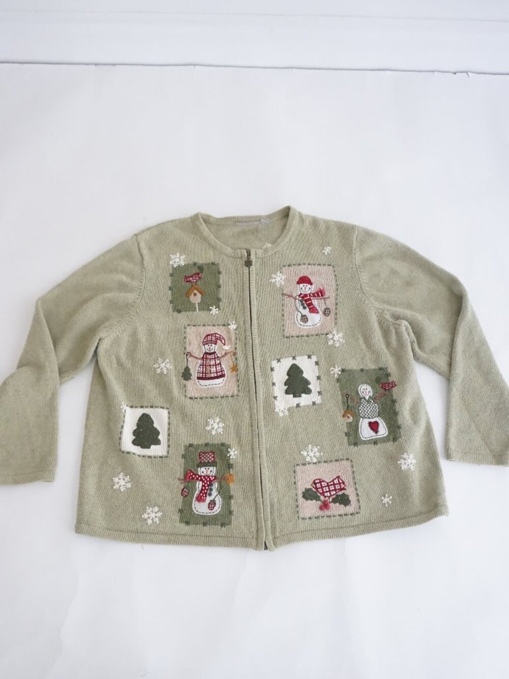 Vintage Croft & Barrow Sage Snowman Christmas Tree Snowflake Holiday Cardigan 2X